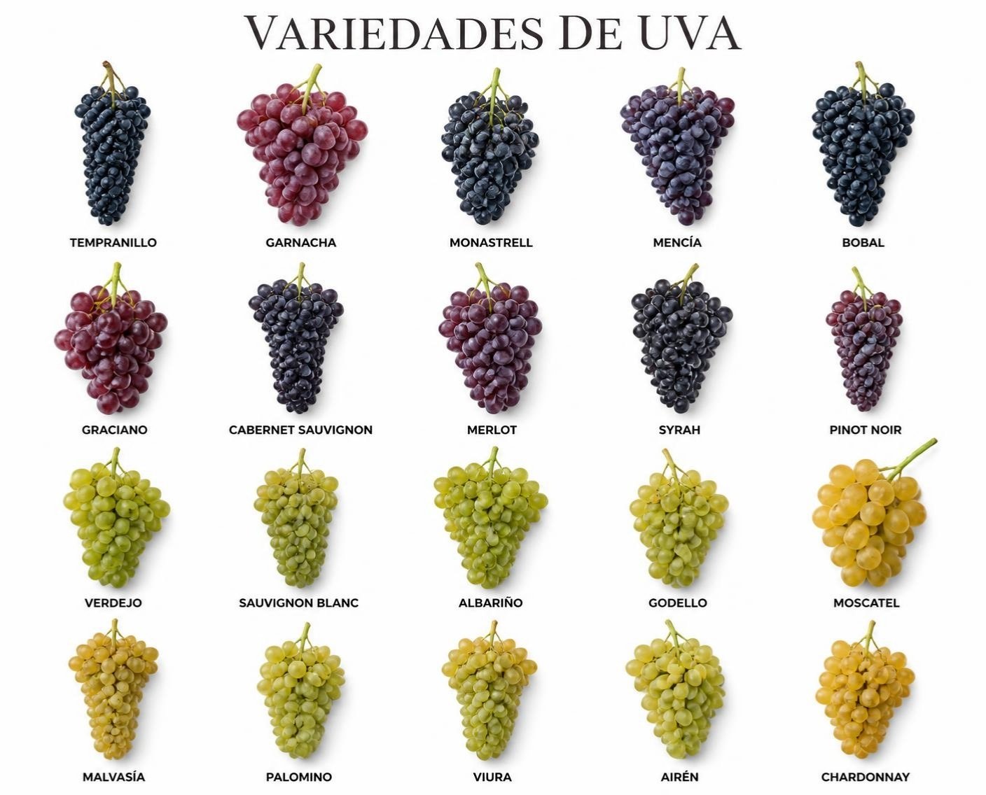 Variedades de uva para vino: racimos de uvas tintas y blancas con su nombre